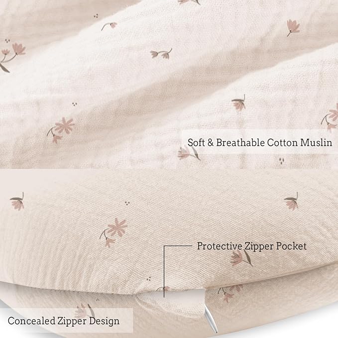 Little Grape Land Nursing Pillow, Soft 100% Cotton Breastfeeding Pillow with Breathable Muslin Cotton Removable Cover, Fog Flower Breast Feeding Pillows for Babies 0-12 Months with Protective Zipper