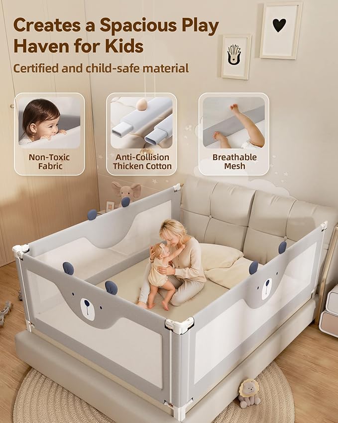 Baby Bed Rail Guard for Toddlers, Reinforced 74.8in Toddler Bed Rails for Twin, Full, King Bed with Height Adjustable, Extral Tall Child Safety Side Railing Guards/Bedrail for Kids, Grey Bear, 1 Side