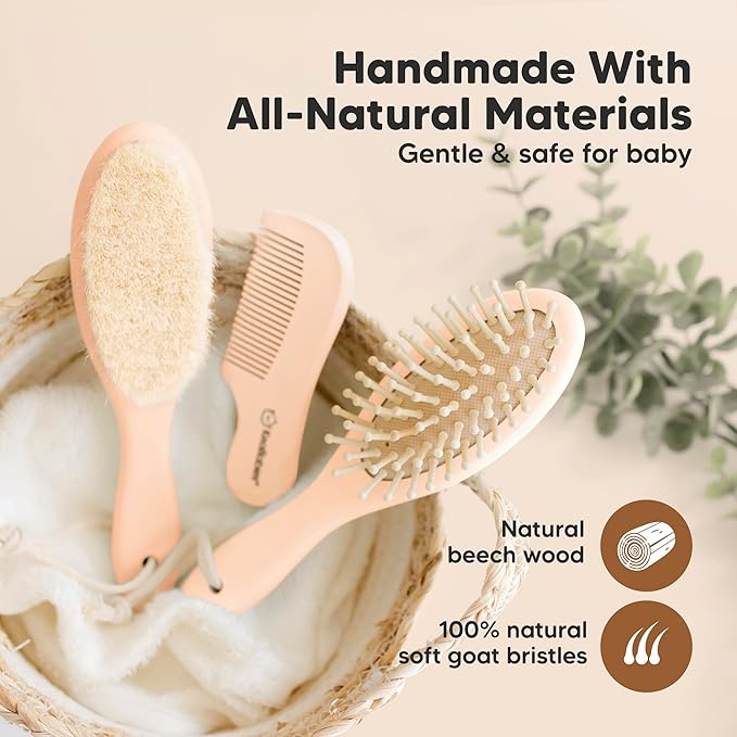 Baby Hair Brush and Comb Set for Newborn - Wooden Baby Hair Brush Set with Soft Goat Bristle, Baby Brush Set for Newborns, Baby Brush and Comb Set Girl, Boy, Toddler Cradle Cap Brush (Oval, Peach)