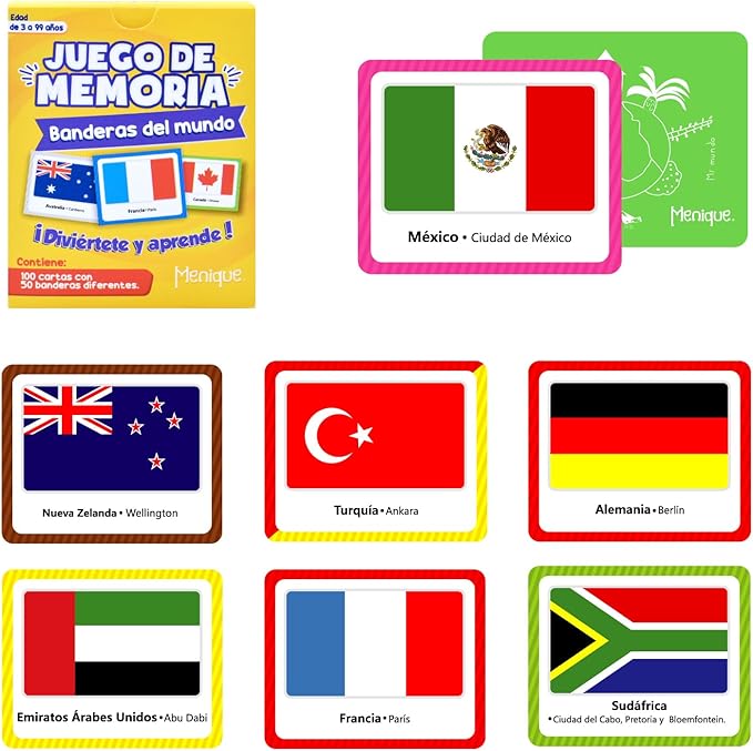 Menique, Juego de Memoria de Banderas del Mundo en español, para niños y adultos. Flags of The World, Memory Matching Game in Spanish, for Kids and Adults, 100 Tiles 50 Pairs.