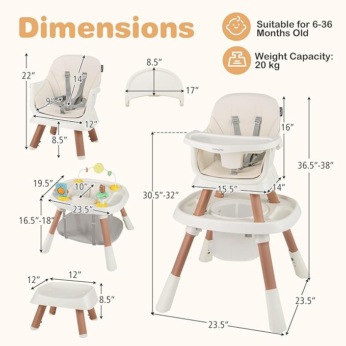 BABY JOY 16 in 1 High Chair, Convertible Baby Highchair for Babies and Toddlers with Activity Center, Booster Seat, Building Block Table, Toddler Chair with Safety Harness, Removable Tray (White)
