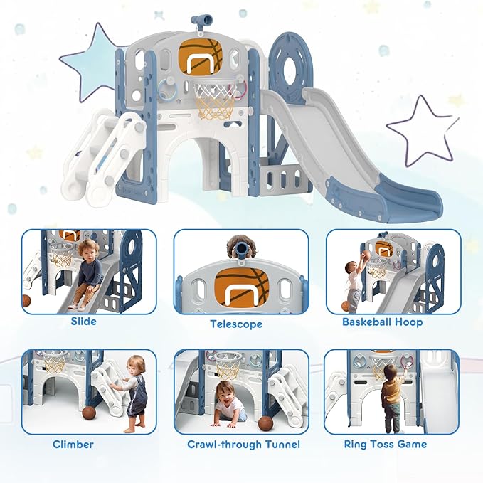 YUFU 9 in 1 Toddler Slide Set, Kids Slide for Toddlers Age 1-3, Toddler Playset with Basketball Hoop and Ball, Outdoor Indoor Playground for Toddlers 1-3 (Blue+Gray)