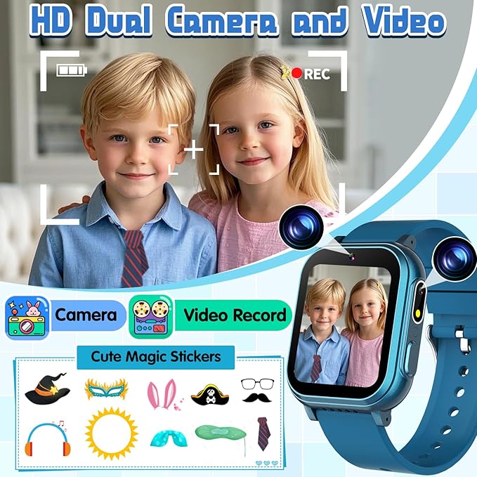 Waterproof Smart Watch for Kids Boys Age 5-12 with 32 Games, Dual Camera, Habit Tracking, Music Player, Video, HD Touchscreen Kids Smart Watch Birthday Gift Toy for 3-12 Year Old (Light Blue)