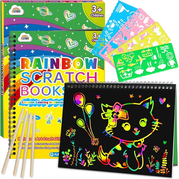 ZMLM Scratch Paper Art Craft: 2 Pack Rainbow Scratch Set for 3 4 5 6 7 8 9 10 Years Old Girls Boys Students Drawing Coloring Black Magic Art Supplies Kits Gifts School Birthday Party Toys(Classic)