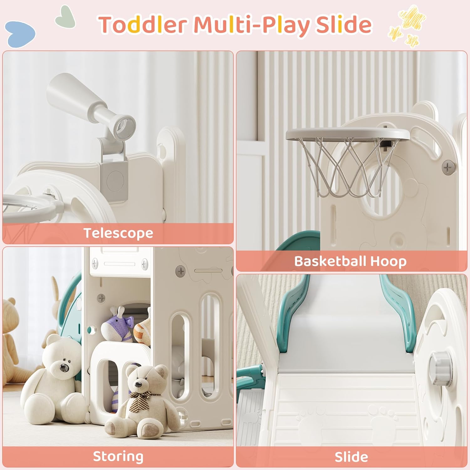 Toddler Slide Baby Slide for Toddlers Kids with Basketball Hoop Telescope Indoor Outdoor Slide Playset Playground