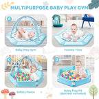 Baby Gym Play Mat, 8-in-1 Tummy Time Mat & Ball Pit with 6 Toys, Washable Baby Activity Mat for Visual, Hearing, Sensory, Motor Development, Baby Gift for Newborn Infant 0-3-6-9-12 Months (Blue)