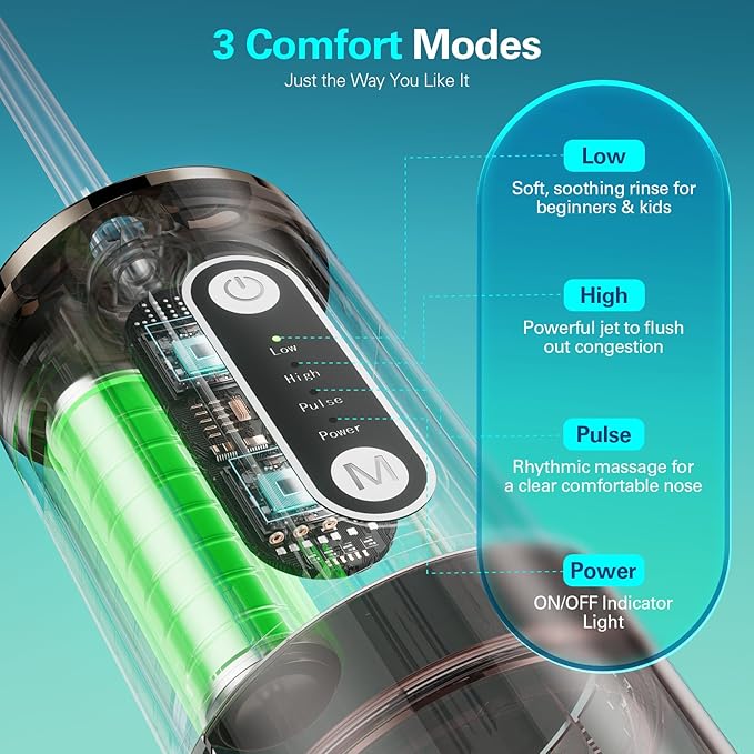 Electric Nasal Irrigation System Nasal Rinse and Wash, Cordless Foldable Neti Pot Sinus Rinse Decongestant Relief System IPX7 Waterproof with 60 Saline Packets, Snoring Remedy (Black)