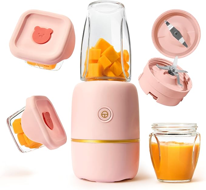 Bubble Blender, Baby Food Maker & Puree Blender with 2 Borosilicate Glass Cups, Compact Baby Bullet for Smoothies, Hands-Free One-Touch, 200W Motor, Rose