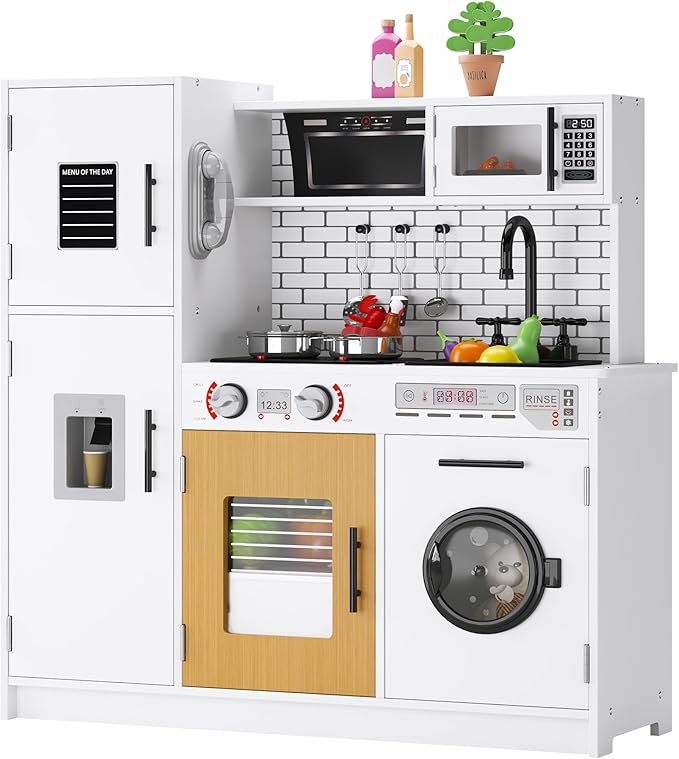 soges Kids Kitchen Playset with Lights & Sounds - 31" H Interactive Pretend Play Toy with Storage Cabinet, Stainless Steel Cookware, Eco-Friendly Design, for Toddlers Ages 3 Years and Over