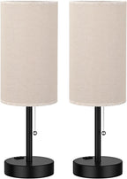 Plus Beige Bedside Table Lamps Set of 2-3 Color Temperatures Pull Chain Lamp with AC Outlet Charging Port, Two Round Night Stand Lamps for Bedroom Guest Room Office, Bed Side Light