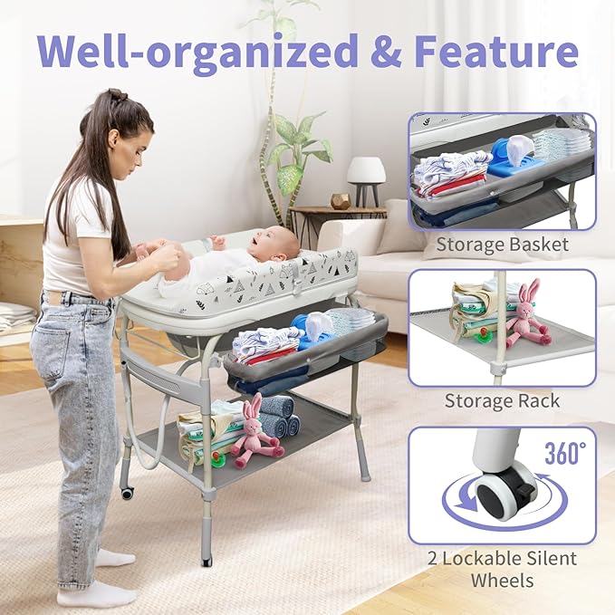 2 in 1 Baby Bathtub with Changing Table, DEYGIA Waterproof Diaper Changing Station Portable Changing Table Adjustable Height Nursery Organizer with Storage Racks for Newborn Infant Toddler