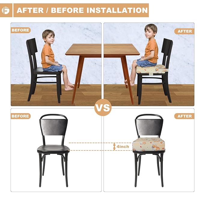 Toddler Booster Seat for Dining Table, Portable Booster Seat for Kitchen Chair, 4 Inch High-Density Foam Cushion with Adjustable Safety Straps and Non-Slip Bottom, Perfect for Kids Travel and Daily