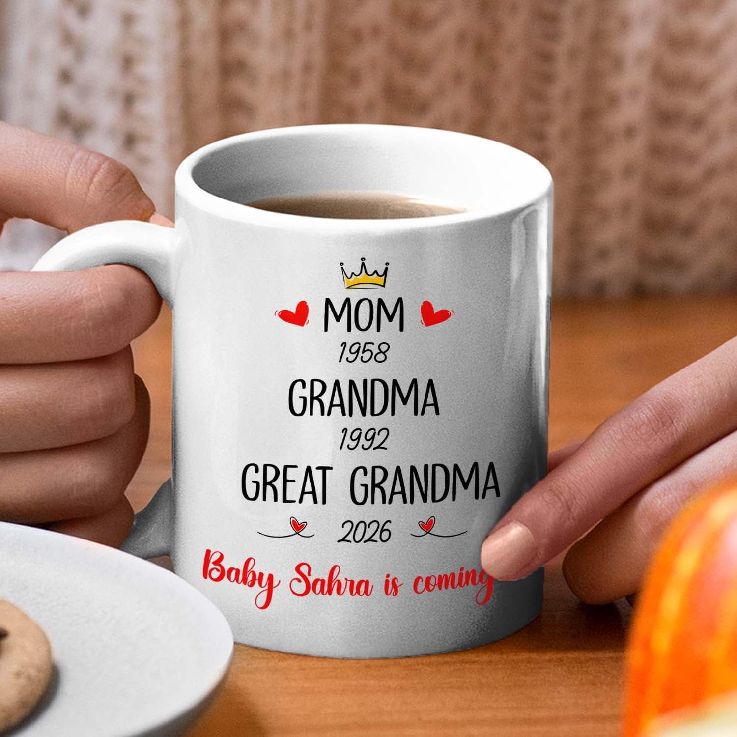Mom Grandma Promoted To Great Grandma Coffee Mug Cup 11 15 Oz, Personalized New Great-Grandmother Ceramic Coffee Cup EST. 2026, Customized Choose Name White Accent Mug Gift For Pregnancy Announcement