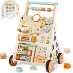 Baby Push Walker, Wooden Baby Walker with Wheels, Montessori Activity Center for 1 Year Old Boys Girls, Adjustable Speed & Height Push Toy for Toddlers, Educational Gift for Ages 1+ Kids Development