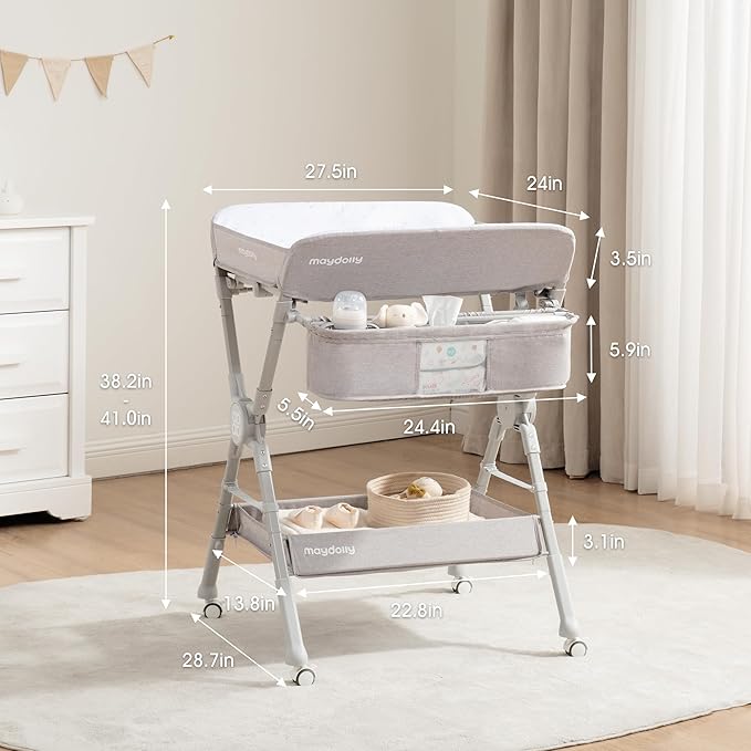 Maydolly Changing Table，Portable Diaper Changing Station, Foldable Baby Changing Table,Compact Nursery Diaper Changing Table for Baby，Adjustable Height，Mobile on Wheels, Grey