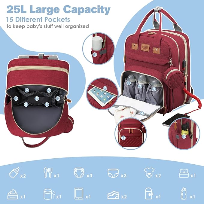 Diaper Bag Backpack, Large Diaper Bag with Changing Station, Baby Bag, New Mom Gifts, Lightweight Waterproof Unisex Diaper Bag with Insulated Pockets and USB Charging Port, Red