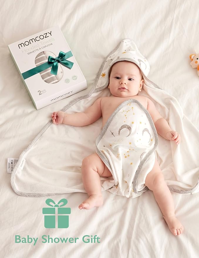 Momcozy Baby Hooded Towel, 2 Pack Cotton Bath Towel for Boy or Girl, Super Soft Baby Towel with Original Design, Shower Gifts for Newborn (28 X 28 Inch, Starry Sky)