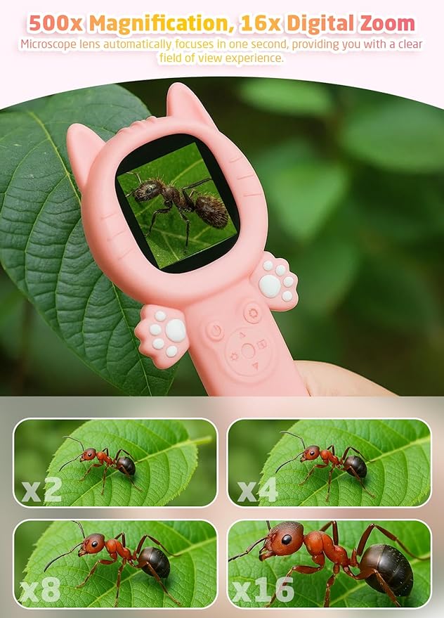 2-in-1 Microscope Camera for Kids, Mini Handheld Microscope Supporting Multiple Viewing Angles, Outdoor Educational Science Adventure Toys, Birthday Gifts for 3-10 Years Old Girls, Pink Cat
