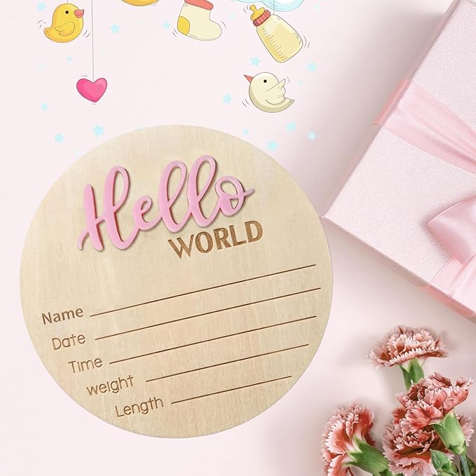 Baby Announcement Sign - 5.9 Inch Wooden Hello World Newborn Sign, Birth Announcement, Baby Shower Hospital Nursery for Newborn Boys and Girls (Pink)