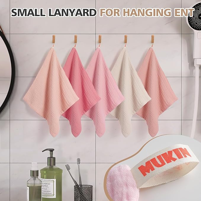 MUKIN Baby Washcloths,Muslin Burp Cloths Towels for Newborns,Absorbent Cotton Bath Face Towel ，5 Pack, 12x12 Inches (Rosy Embrace)