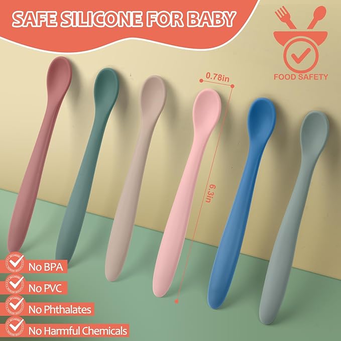 6-Piece Silicone Baby Feeding Spoons for First Stage Infant, Soft-Tip Easy on Gums I Training Spoon Self | Baby Utensils Feeding Supplies, Toddler Spoons Dishwasher Safe & Boil-Proof