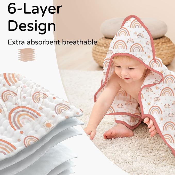 Yoofoss Hooded Baby Towels for Newborn 2 Pack 100% Muslin Organic Cotton Baby Bath Towel with Hood for Babies, Infant, Toddler and Kids, 32x32Inch, Soft and Absorbent Newborn Essential,Pink Rainbow