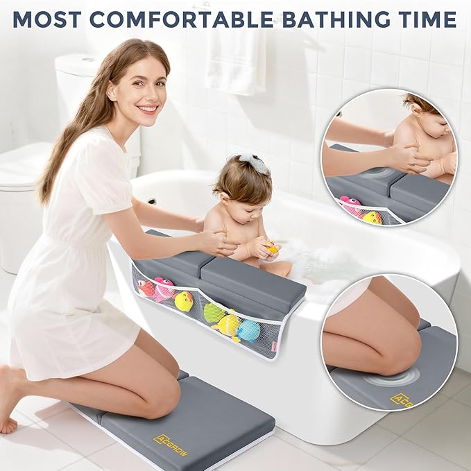 Bath Kneeler and Elbow Rest Pad Set - Comfortable 1.5” Thick Baby Bath Kneeler Pads with Toys Organizer, Non-Slip Knee Arm Support Bathtub Mat, Quick-Drying Kneeling Pad for Baby Bath Time