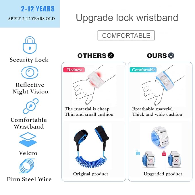 Anti-Lost Wrist Link, Blue Reflective Anti-Lost Wrist Chain with Child Lock 6.56 feet.
