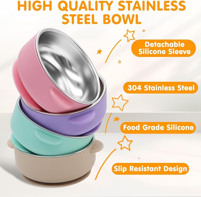 4 Pack Stainless Steel Baby Bowls with Suction, 2-in-1 SUS304 Toddlers Bowl & Removable Silicone Suction Kids Bowl Anti Scald Non Toxic Snack Container for Baby Food Feeding