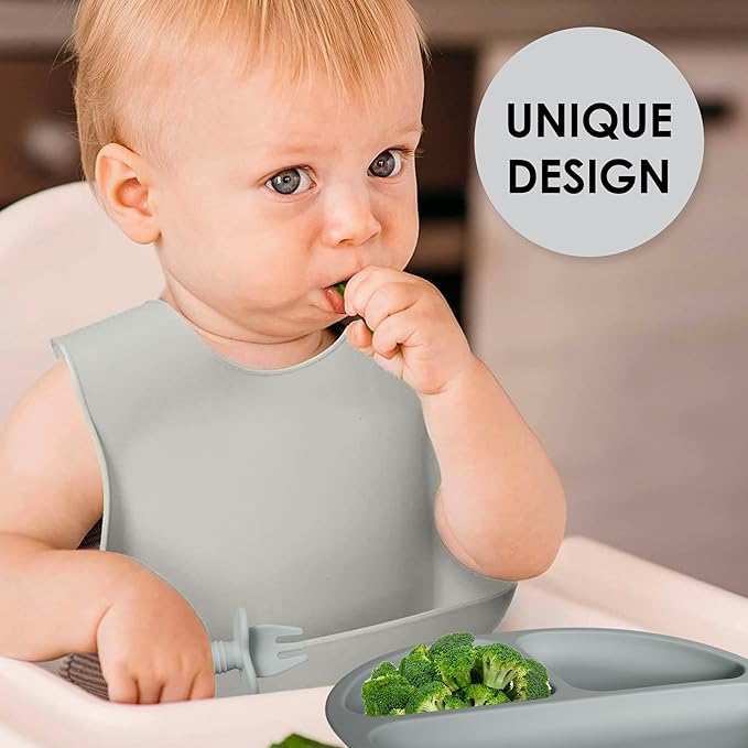 Bluet B- Silicone Baby Feeding Set - Baby Led Weaning Supplies - Baby Spoons, Suction Bowl - Plate - Baby Utensils - Silicone Feeding Set for Baby First Foods, Infant Eating - 8pcs - Gray