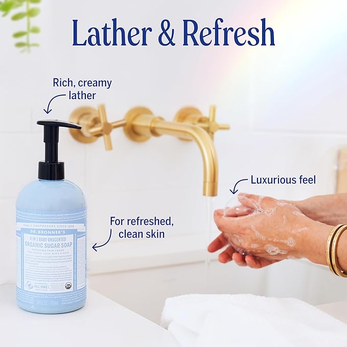 Dr. Bronner's Organic Sugar Soap (Baby Unscented, 24 Ounce) - Made with Regenerative Certified Organic Oils, Sugar & Shikakai Powder, 4-in-1 Use: Hands, Body, Face and Hair- Liquid Soap, Nourishes