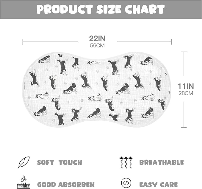 1 Pack Muslin Burp Cloths Husky Dogs White Cotton Baby Burp Cloths Ultra Absorbent Soft Burping Cloth Washcloths for Baby Boys Girls 22x11 Inch