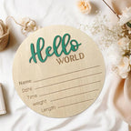Baby Announcement Sign, 5.9 Inch Wooden Hello World Newborn Sign, Birth Announcement, Baby Shower Hospital Nursery for Newborn Boys and Girls (Green)