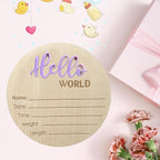 Baby Announcement Sign, 5.9 Inch Wooden Hello World Newborn Signs, Birth Announcement Sign, Baby Shower Hospital Nursery for Newborn Boys and Girls (Purple,Pen)