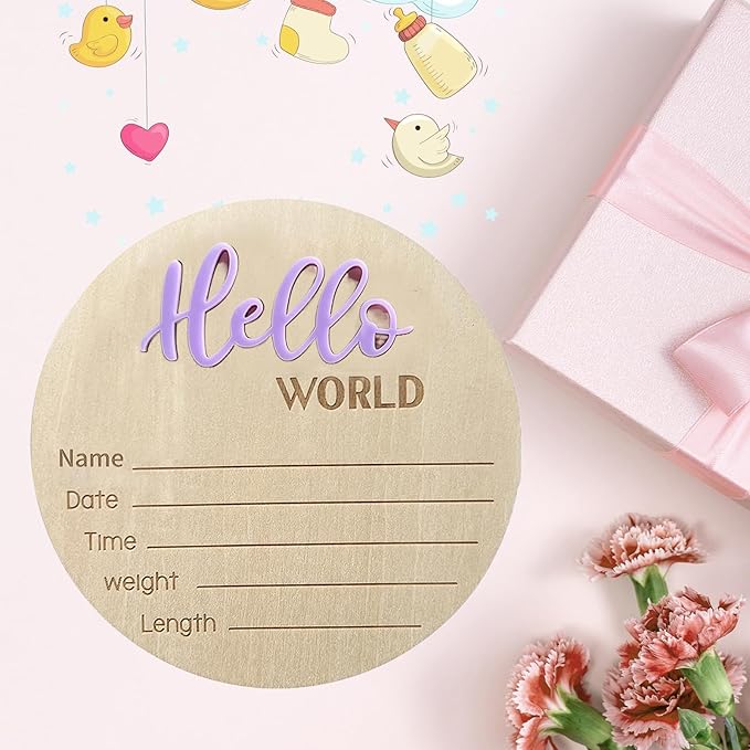Baby Announcement Sign, 5.9 Inch Wooden Hello World Newborn Signs, Birth Announcement Sign, Baby Shower Hospital Nursery for Newborn Boys and Girls (Purple,Pen)
