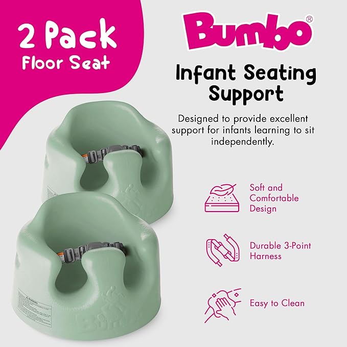 Bumbo Infant Floor Seat Baby Sit Up Chair and Sitting Support for 3 to 12 Months Old with 3 Point Adjustable Safety Strap, 2 Pack, Hemlock Green