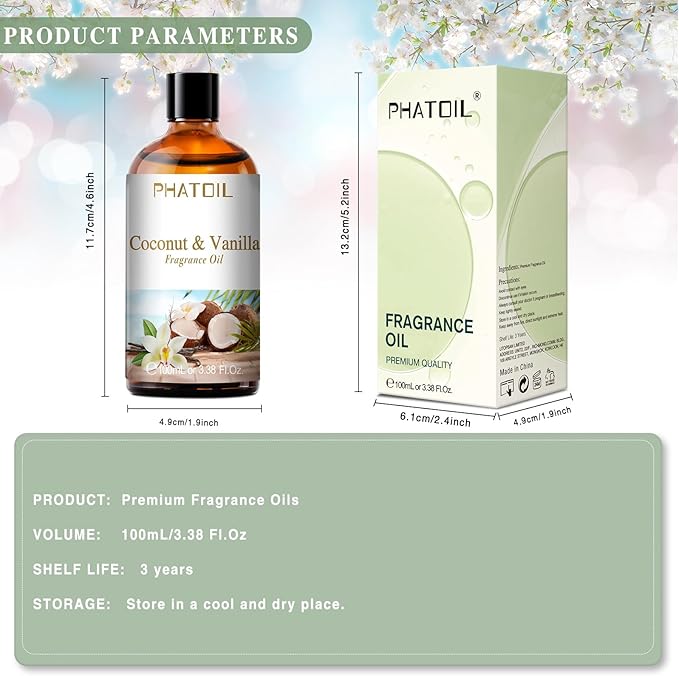 PHATOIL 3.38FL.OZ Coconut & Vanilla Fragrance Oils for Aromatherapy, Essential Oils for Diffusers for Home, Perfect for Diffuser, Yoga, DIY Candle and Soap Making - 100ml