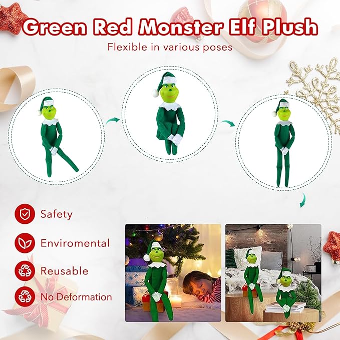 12.6'' Red Christmas Monster Plush Toy, Christmas Stuffed Figures Doll for Kids and Christmas Tree Home Decorations(Green)