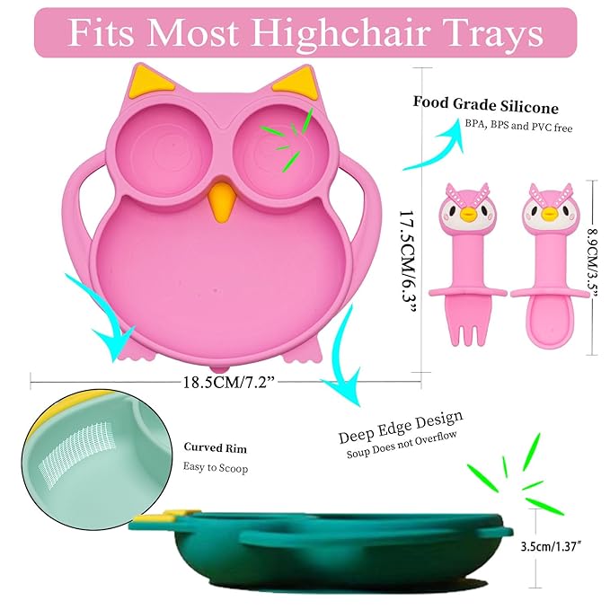 Silicone Feeding Set, Baby Led Weaning Supplies - Suction Plate and Bowl Set, Toddler Self Feeding Dish with Spoons, Forks, Sippy Cup and Adjustable Bib for 6+ Months - Blue