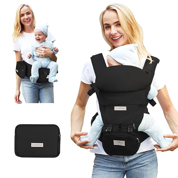FRUITEAM Baby Carrier Newborn to Toddler, Safety-Certified Waist Stool with Hip Seat, Ergonomic 6-in-1 Baby Carrier with Head Support, Adjustable & Removable Baby Holder for All Seasons, Black