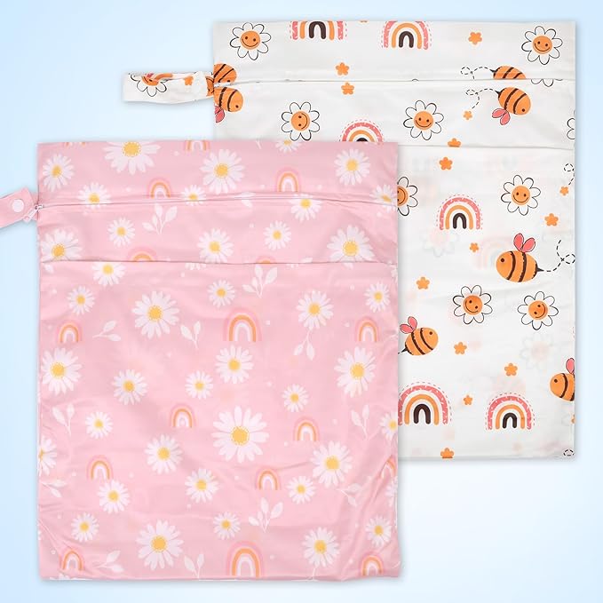 2pcs Travel Waterproof Laundry Bag, Cloth Diaper Wet Dry Bags with Handle & 2 Zipper Pockets, Reusable Washable Dirty Clothes Bag for Baby Adult Travelling Hanging, Bathing Beach Pool Daycare