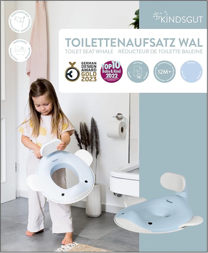 Kindsgut Potty Training Seat in whale design, designed in Germany, suitable for all toilet shapes non-slip toilet seat, Light Blue