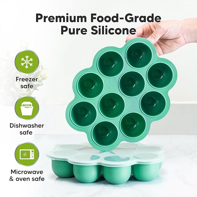 KeaBabies Silicone Food Freezer Trays with Lid, 2oz x 10 Pods Baby Food Storage Containers, Easy Puree Meal Prep, Breast Milk Silicone Freezer Molds, Dishwasher,Microwave Safe,BPA-Free(Alpine Green)