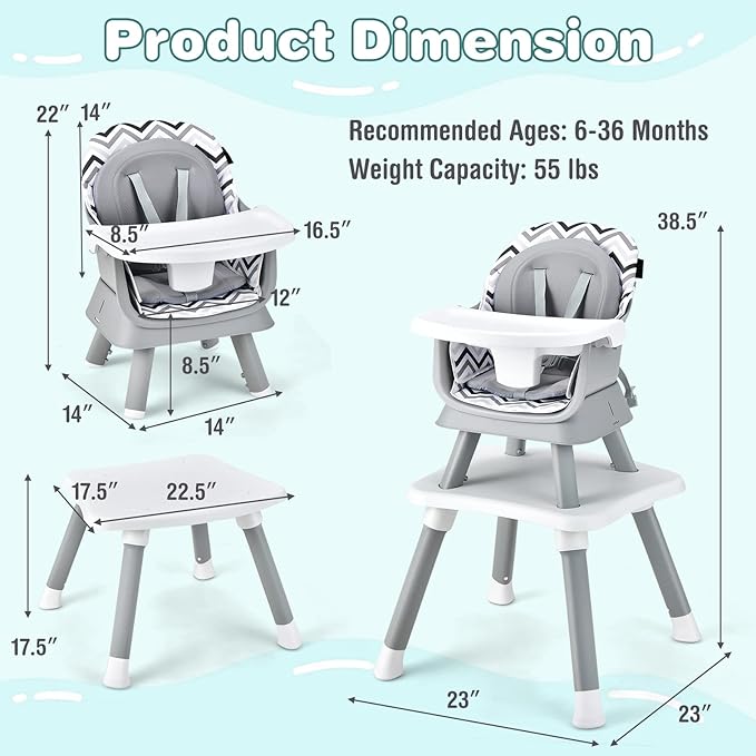 KOTEK Baby High Chair, 8 in 1 Convertible Highchairs for Babies and Toddlers, Building Block Table, Booster Seat, Toddler Chair with Removable Tray, Safety Harness, Dual Cushions (Chevron)