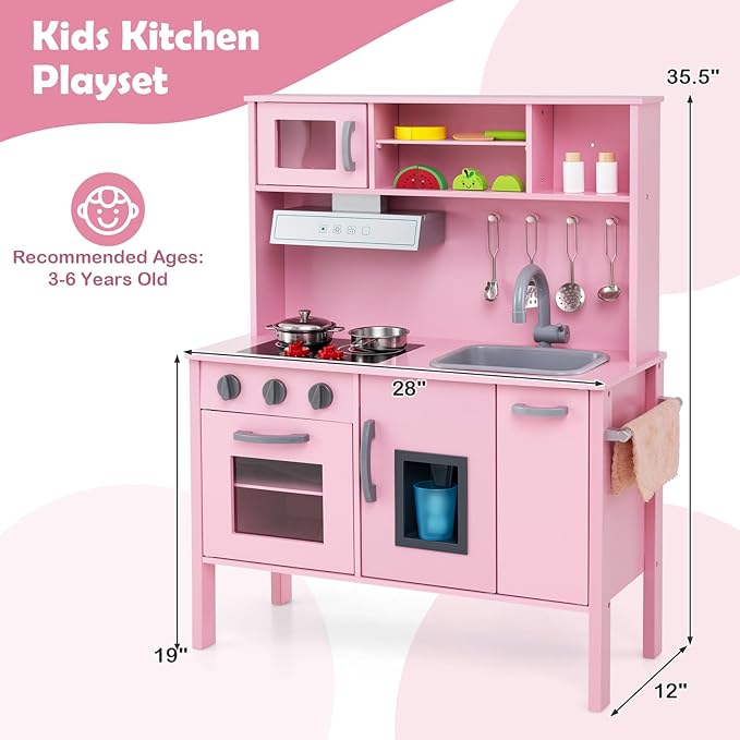 HONEY JOY Kids Kitchen Playset, Wooden Play Kitchen for Toddlers, Microwave, Range Hood, Ice Maker, 18 Cooking Accessories, Little Chef Pretend Play Toy Kitchen Set, Gift for Boys Girls, Dark Pink