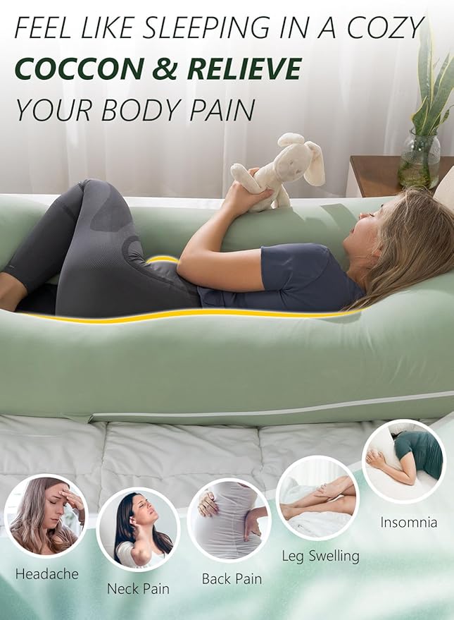 Meiz Pregnancy Pillows for Sleeping, Cooling Pregnancy Pillows, 60Inch Maternity Pillows, U Shaped Full Body Pillows for Adults with Rayon Cover from Bamboo, Sage Green