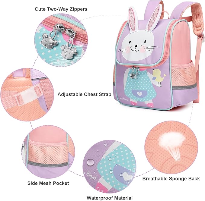 SUN EIGHT Toddler Lightweight Backpack for Girls Cute 3D Animal Waterproof Schoolbag for Baby Girl Boy 2-5 Years（Rabbit）