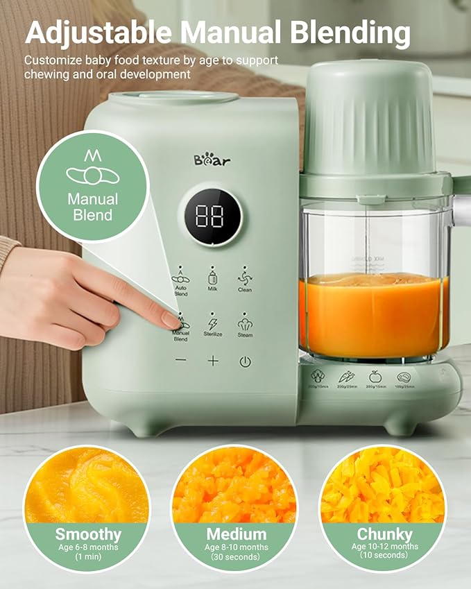 Bear Baby Food Maker with Dual-Layer Steam Baskets, OneStep Baby Food Processor Steamer Puree Blender Grinder Mills Machine, Auto Cooking Grinding&Sterili-zing for Healthy Homemade Baby Food, BPA-Free