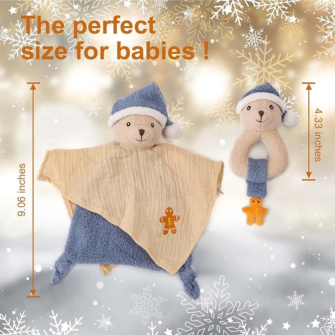Organic Cotton Stuffed Animal Rattle Baby Toys, Plush Polar Bear Cuddle Cloth and Hand Grip Ring Rattles Plush Toy Set for Newborns Infant Boys Girls, 2 PCS
