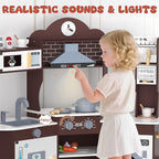 ANPABO Play Kitchen for Kids, Wooden Kitchen Playset w/Real Lights & Sounds, Coffee & Ice Maker, Microwave, Stove, 30Pcs Accessories Include Play Food, Pretend Play Set for Boys & Girls, Espresso